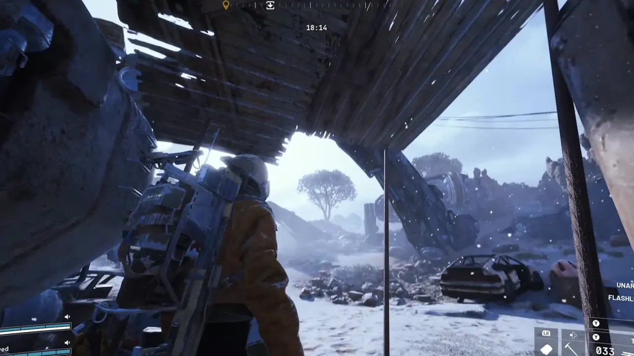 Raider under a small roof shelter outdoor safe from frostbite.