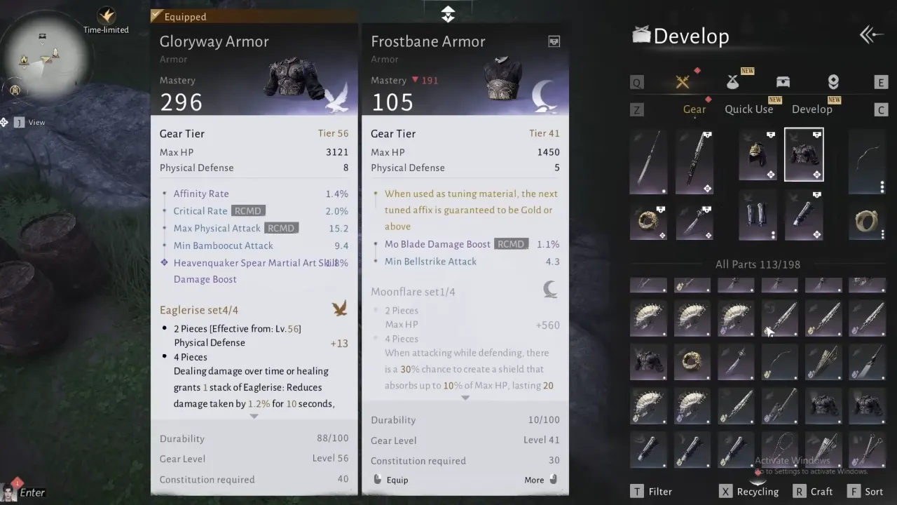 The gear bag with expanded slots and filled with items in where winds meet.