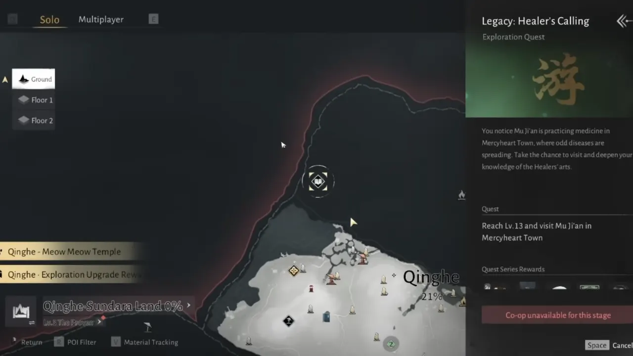 Where Winds Meet Healer's Calling location marked on the Qinghe map.