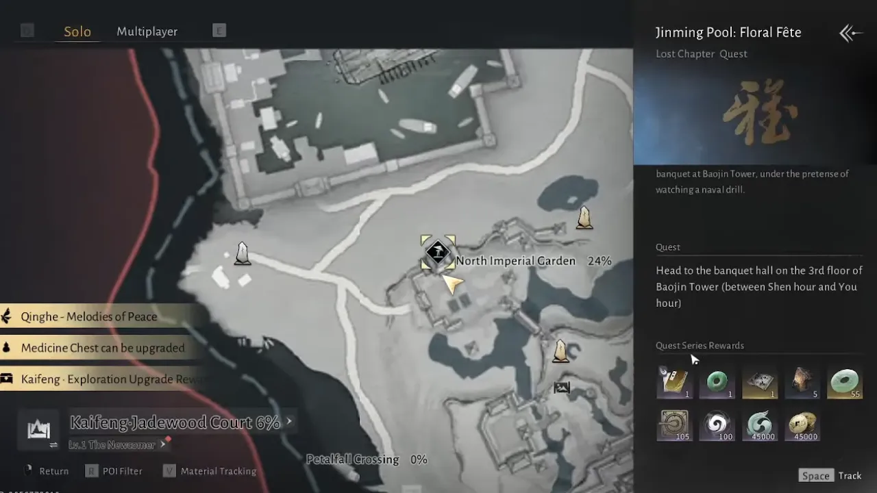 Where Winds Meet North Imperial Garden location on Kaifeng map.