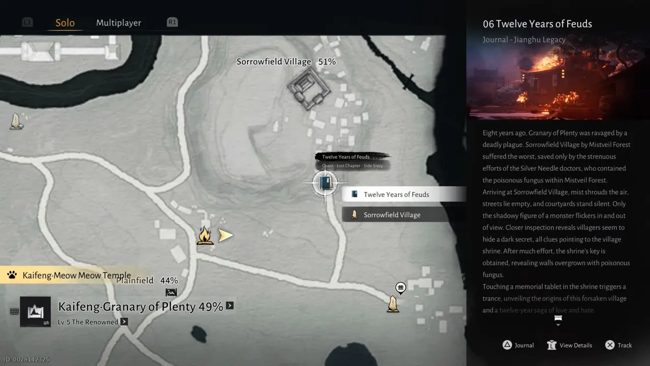 Where Winds Meet Kaifeng map showing Sorrowfield Village teleport location to start Twelve Years of Feuds quest.