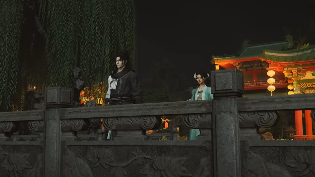 Where Winds Meet character with female NPC with Velvet Shade sect in the background.