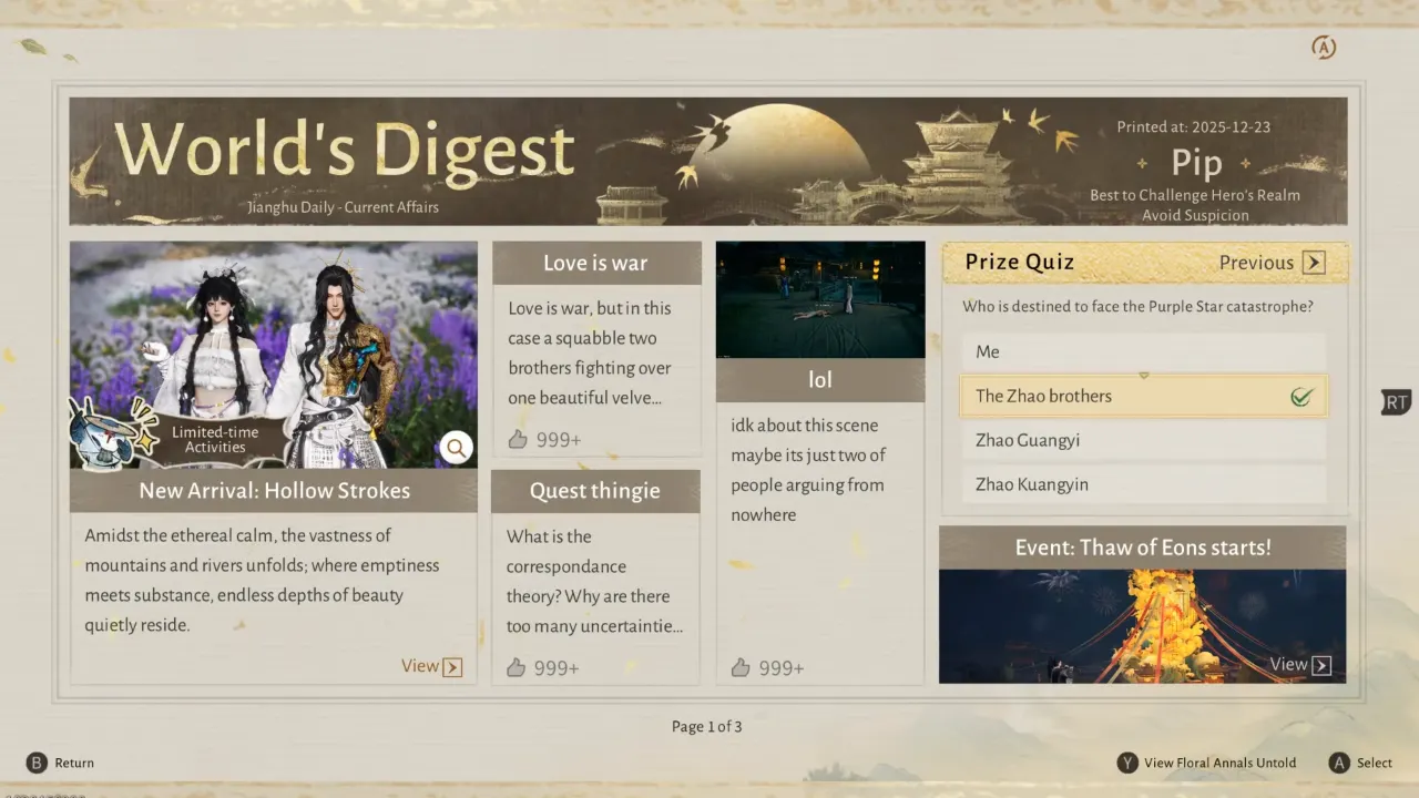 Where Winds Meet World's Digest Prize Quiz - Who is Destined to Face the Purple Star Catastrophe