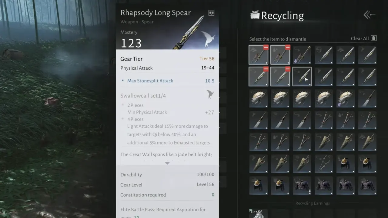 Where Winds Meet gear recycling menu.