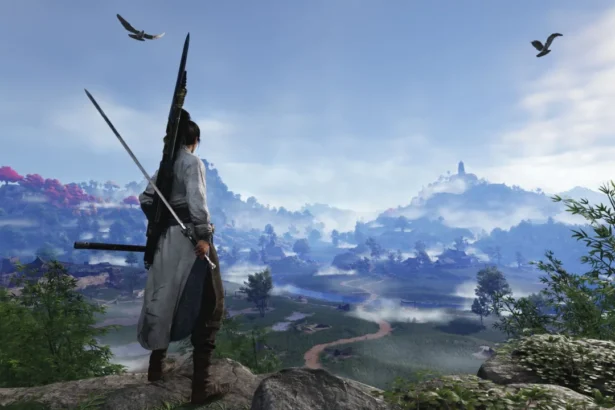 Young Hero seeing at open world landscape with birds flying in the air in Where Winds Meet.