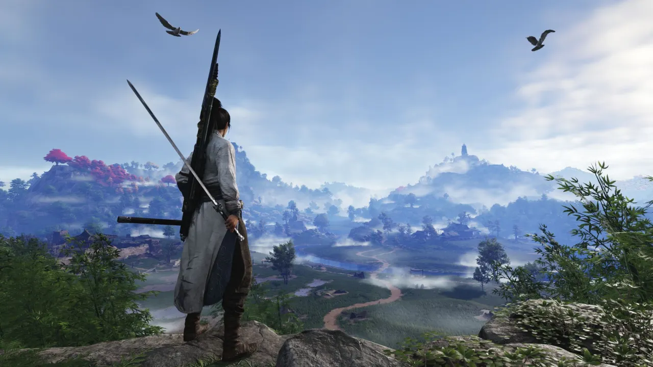 Warrior at open world landscape with birds flying in the air in Where Winds Meet.