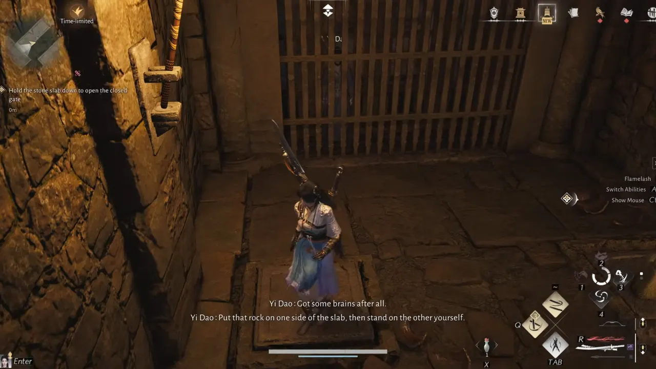 Where Winds Meet hold the stone slab down to open the closed gate puzzle solution.