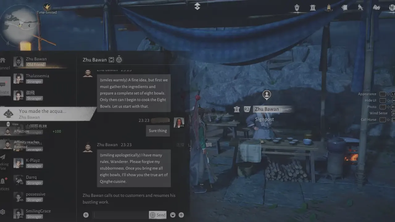 AI Chat menu to befriend Zhu Bawan - Where Winds Meet