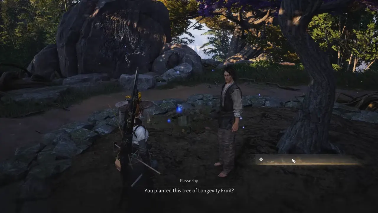 Talk to passerby near grown tree