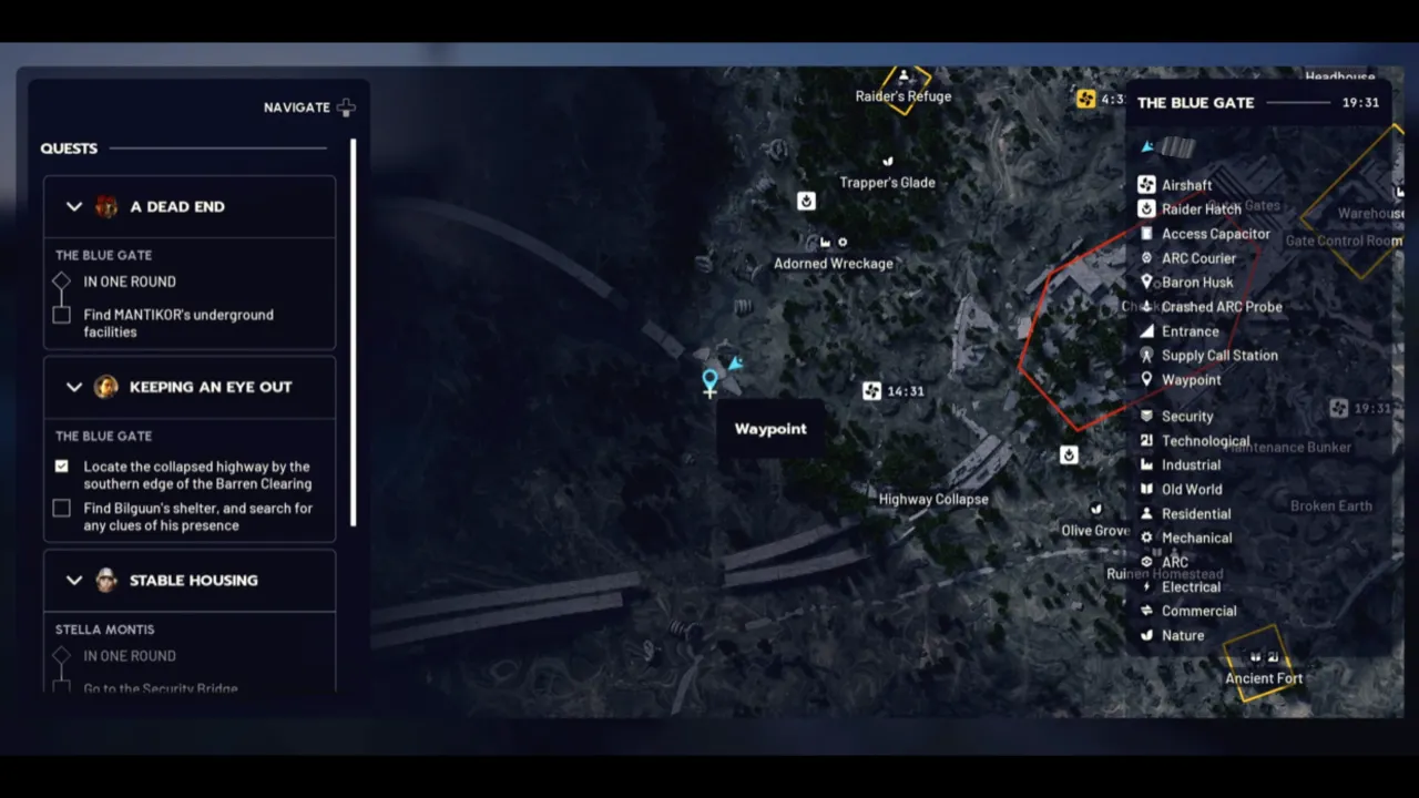 ARC Raiders Keeping an Eye Out - Blue Gate map showing marked location near the Highway Collapse.