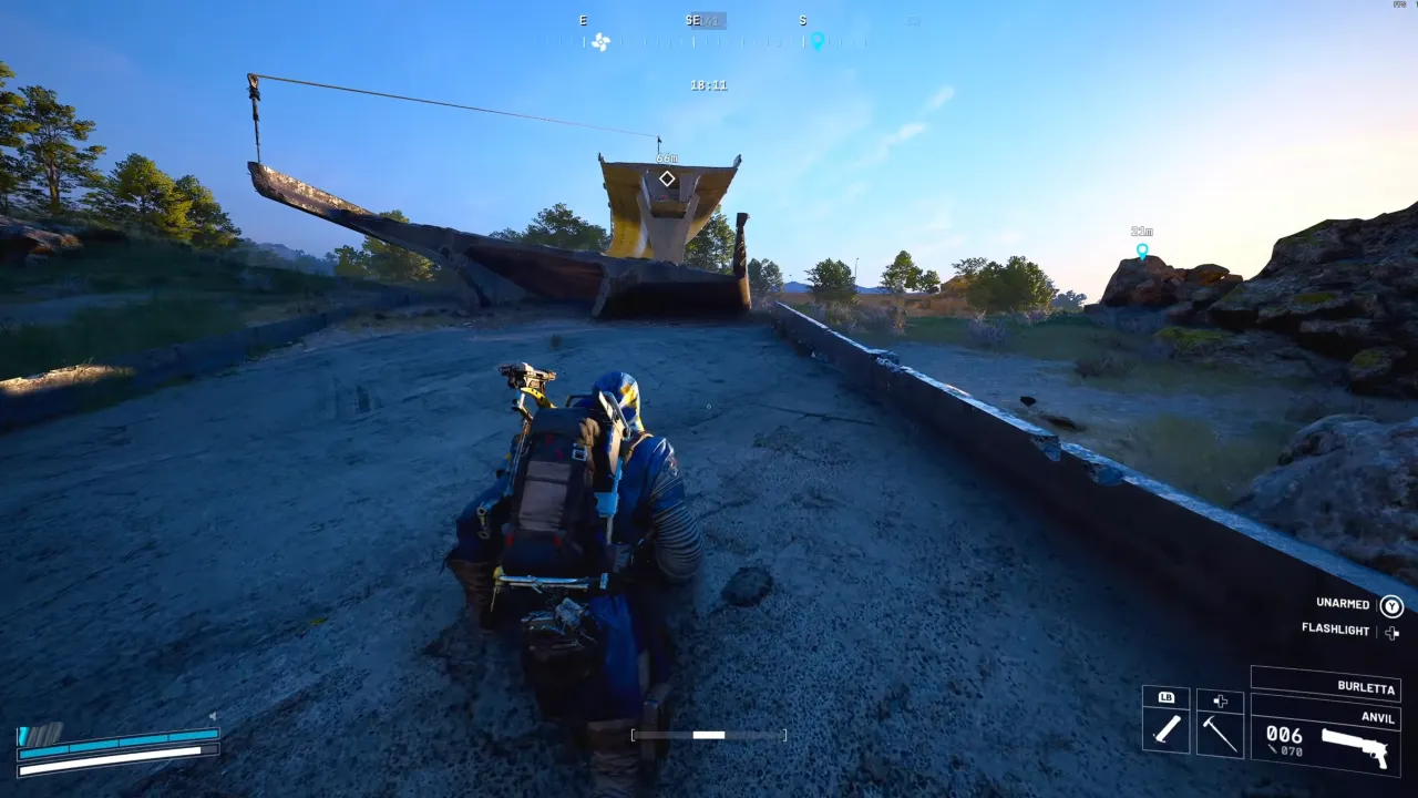 ARC Raiders Keeping an Eye Out - Player walking up to destroyed highway to take zipline there.