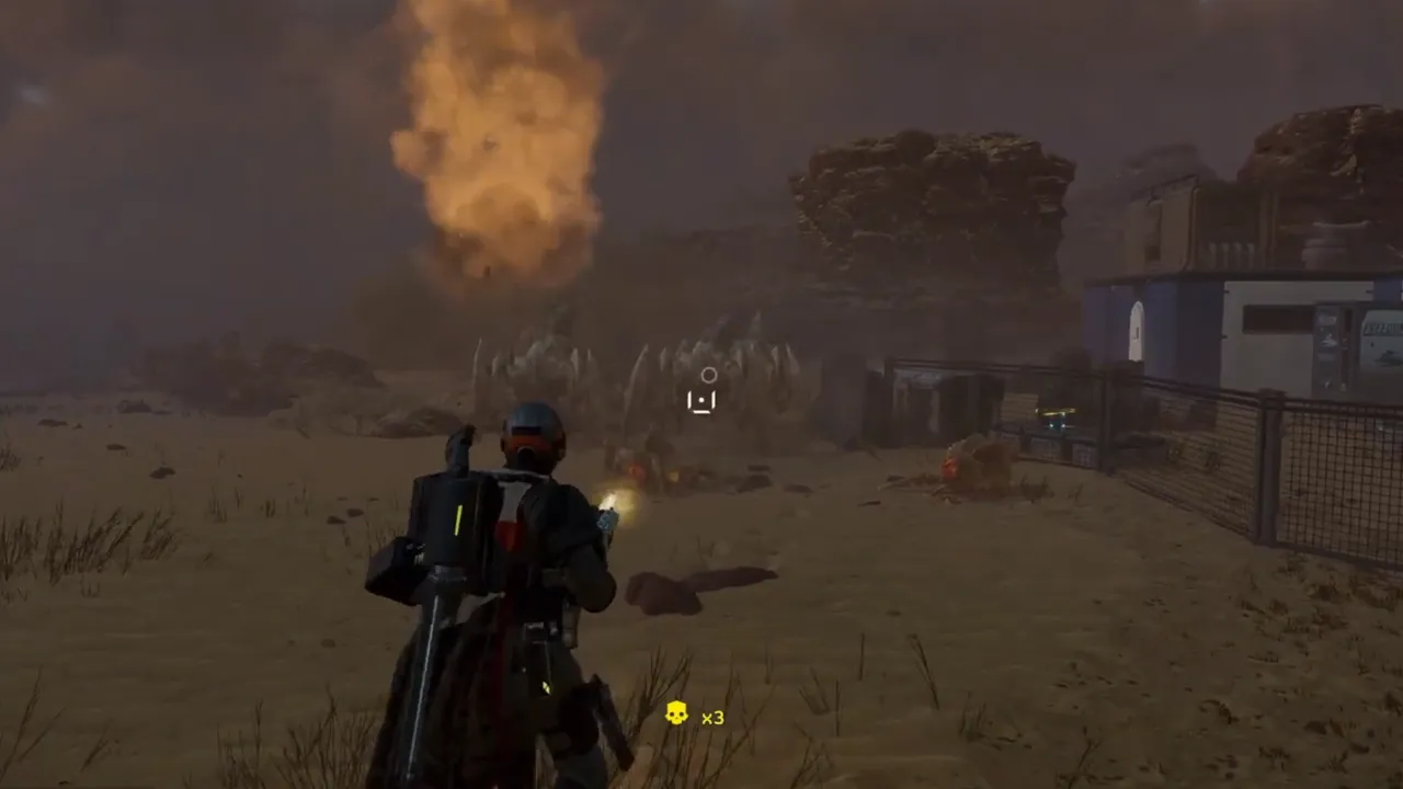 Character shooting enemies with PLAS-101 Purifier in Helldivers 2.