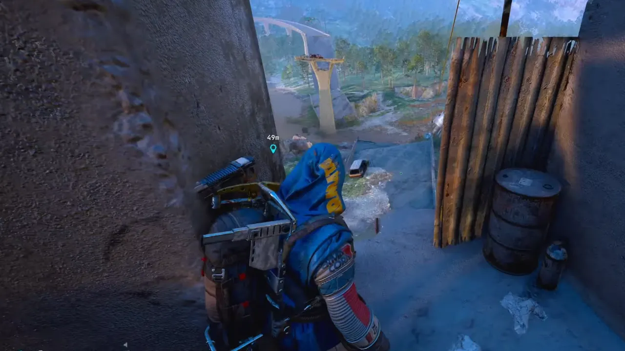 ARC Raiders Keeping An Eye Out - A player inside Bilguun's shelter looking down to outside area.