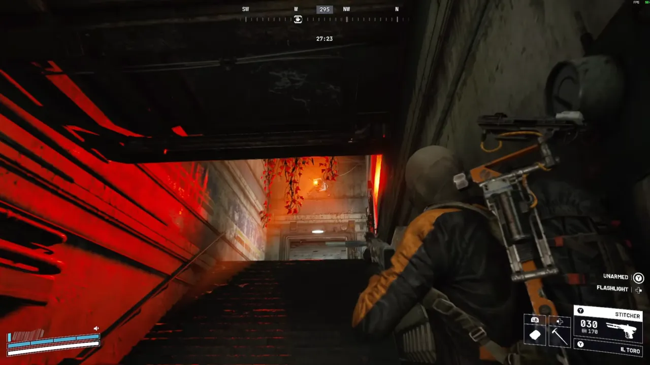 Staircase in front on the top floor of Control Tower.