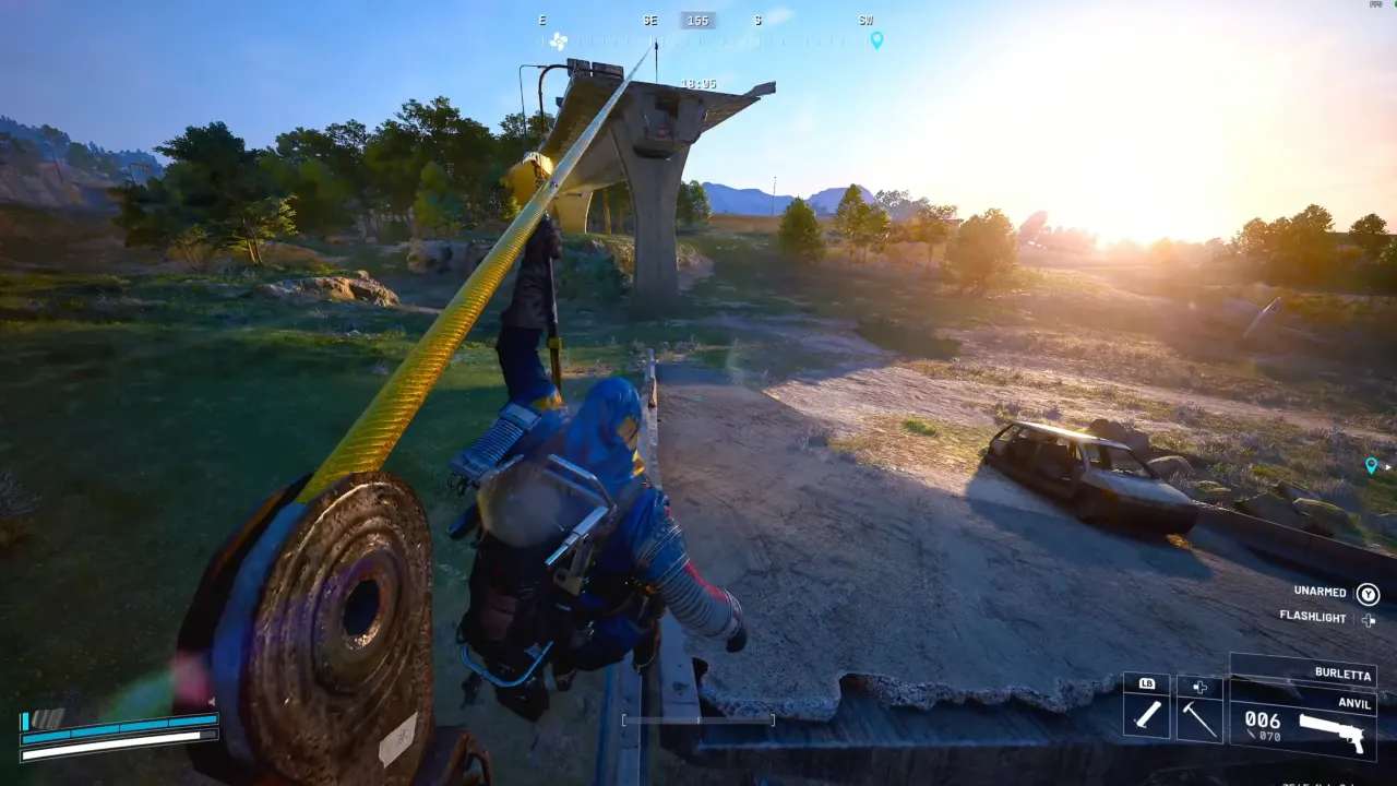 Raider riding zipline to shelter in ARC Raiders Keeping an Eye Out.