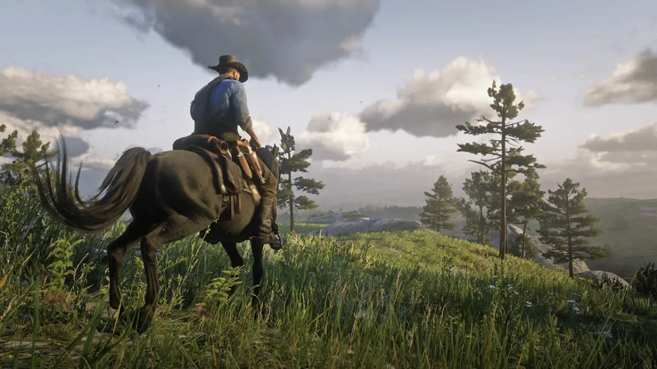 A character riding a horse in Red Dead Redemption 2.