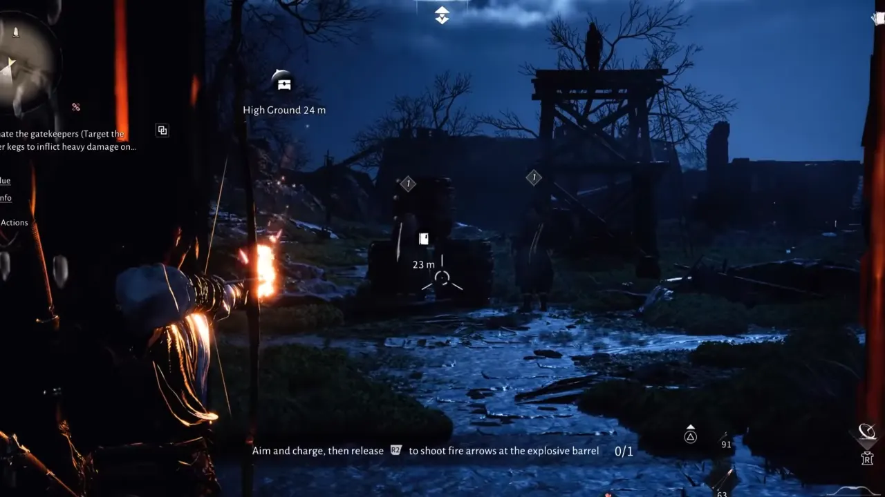 young master shooting explosive barrels with fire arrow