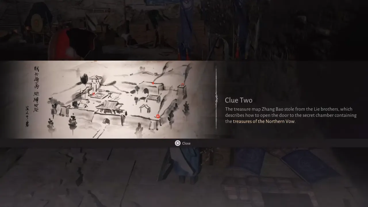 Clue Two map with marked location to lit brazier - Where Winds Meet