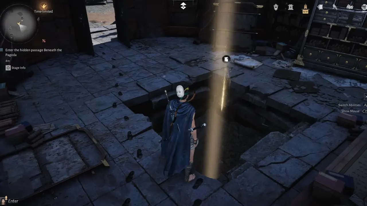 Young Hero standing on the edge of ground stone door opened in pagoda first floor.