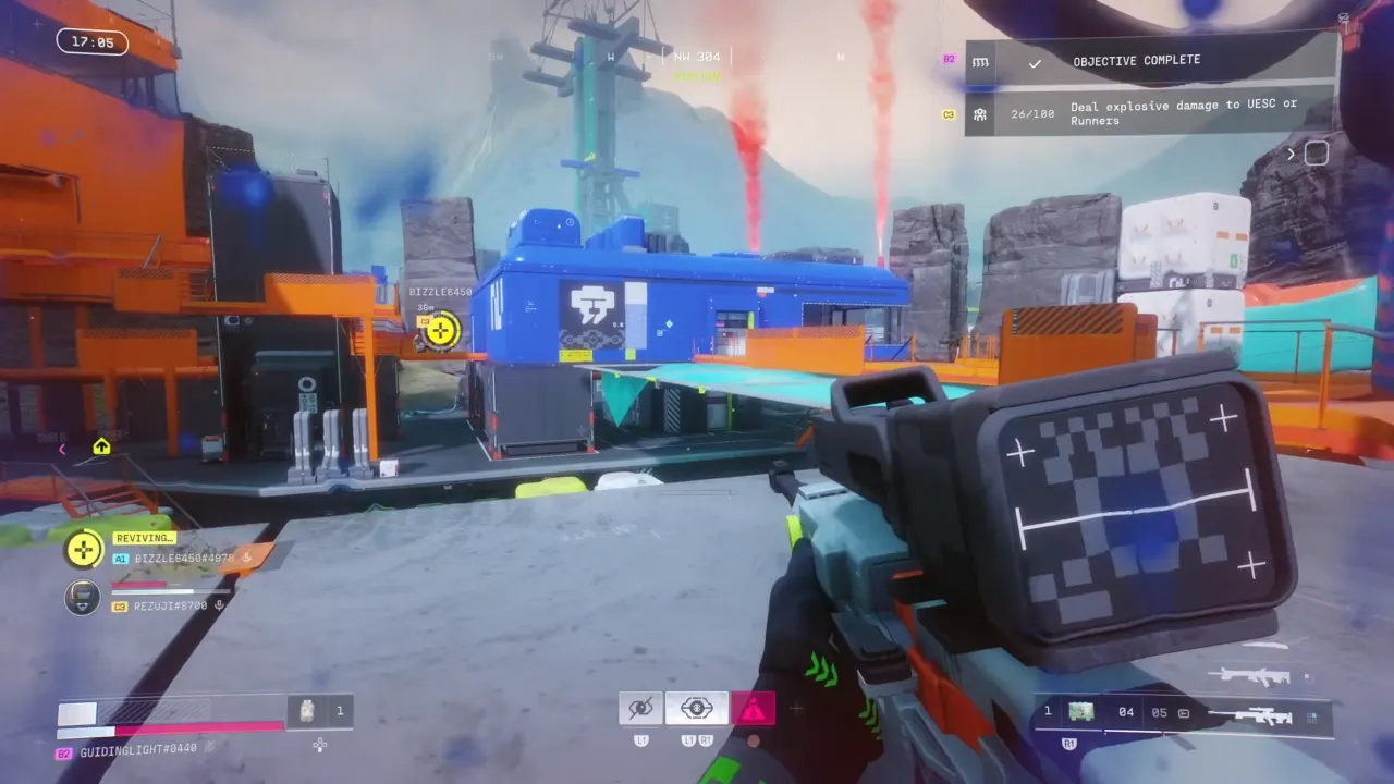 Marathon - A player looking at a blue building with lockboxes inside.