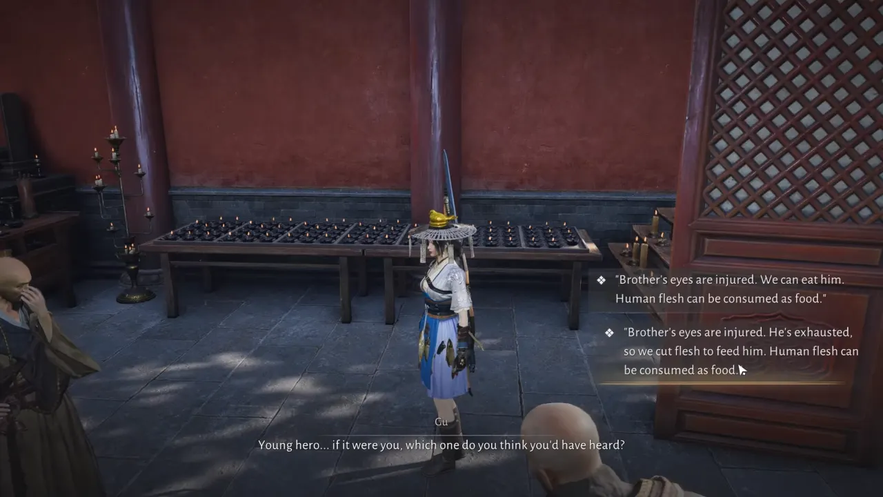 Young Hero listening to the Monk and Deng Santong – Where Winds Meet