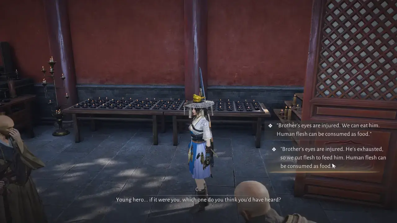 Young Hero listening to the Monk and Deng Santong – Where Winds Meet