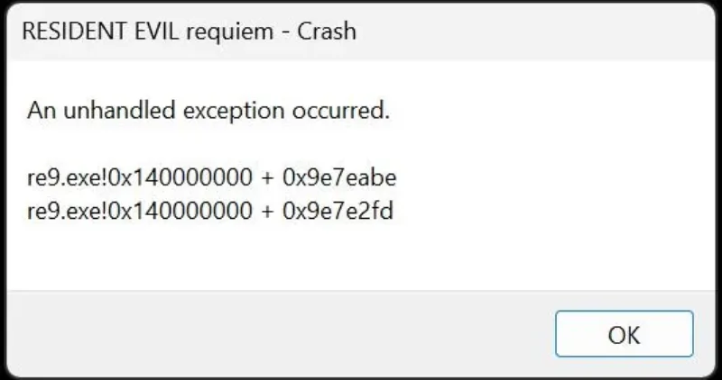 Resident Evil Requiem Crash: An Unhandled Exception Occurred