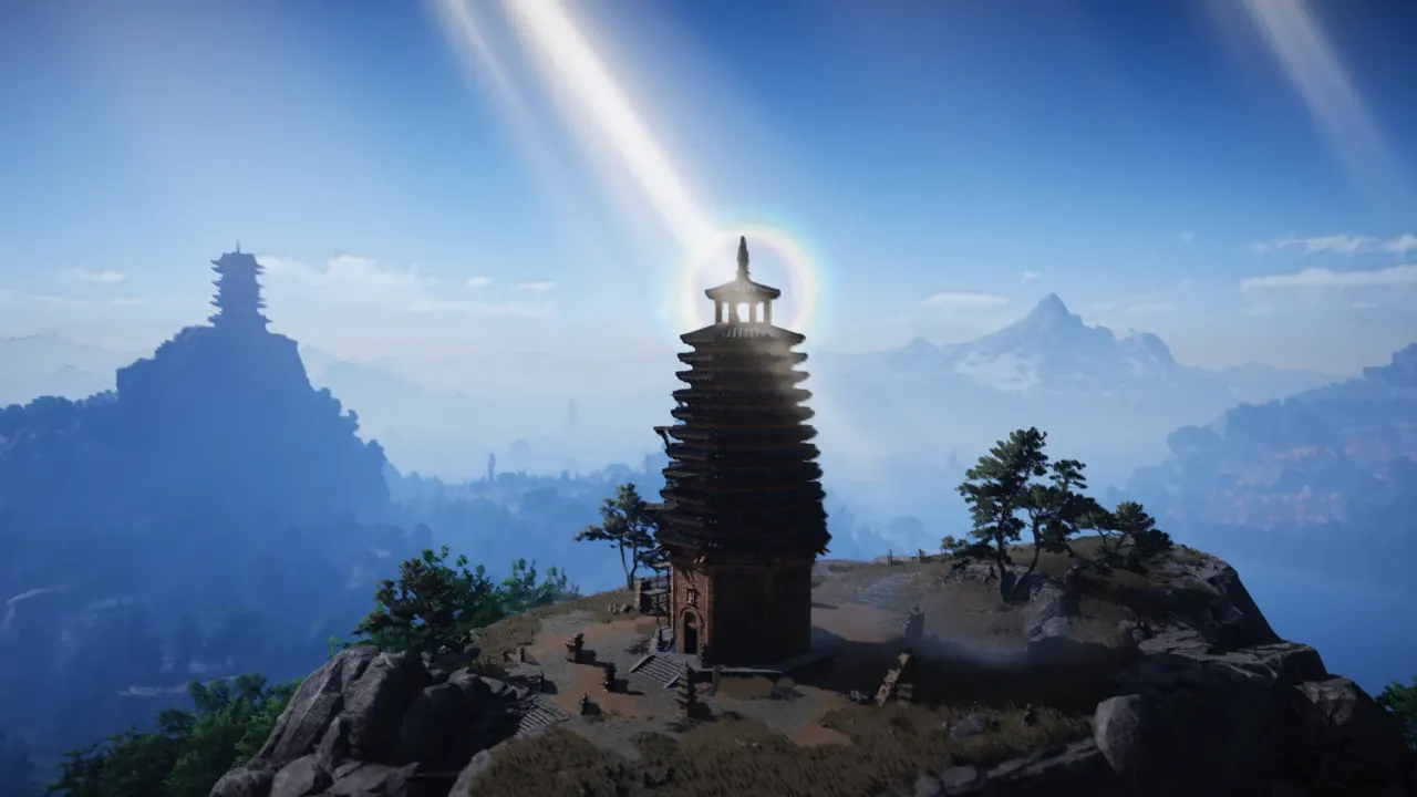A distant view of Buddha's Light Pagoda in Where Winds Meet