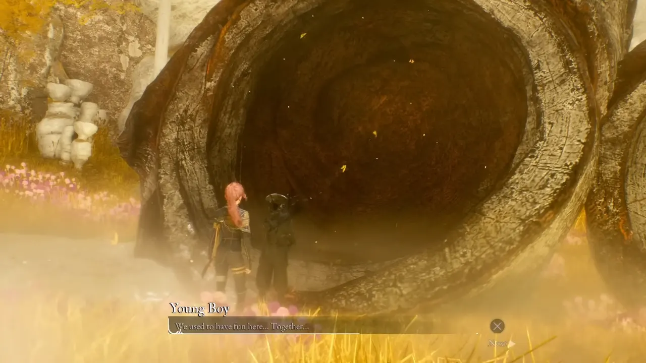 Talking to Young Boy in Yellow Harvest