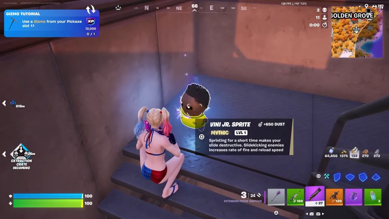 Image shows the player found Vini Jr. Sprite as random loot during the match in Fortnite.