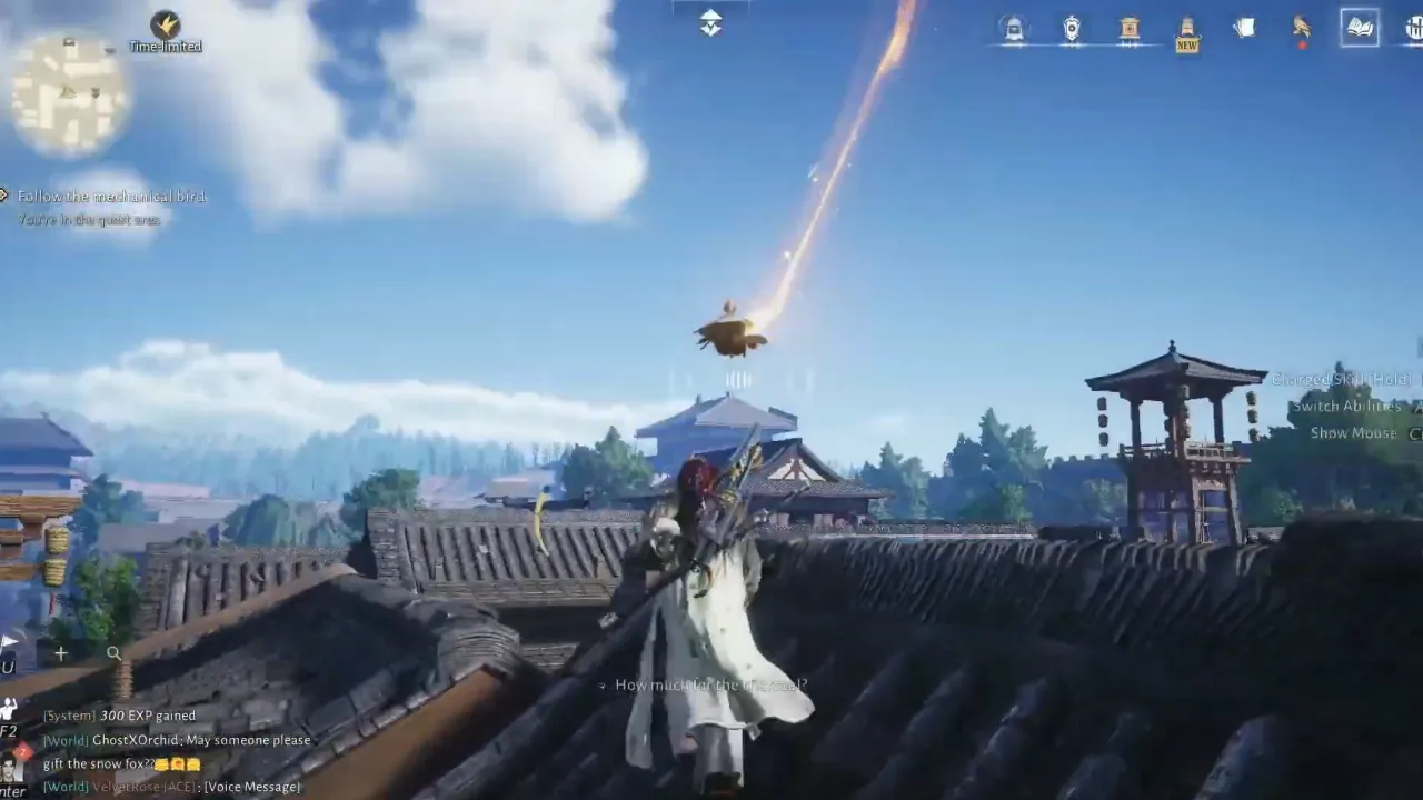Character following the flying bird above the rooftop.