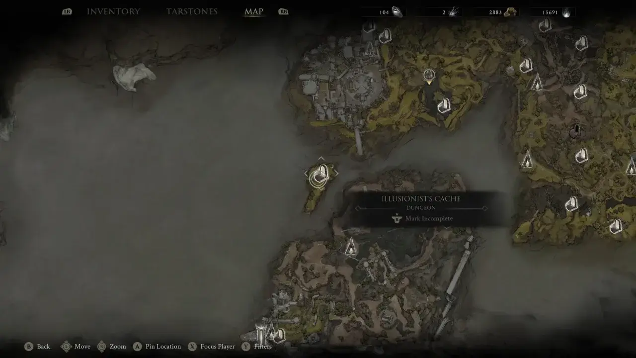 Mortal Shell 2 map showing Illusionist's Cache location.