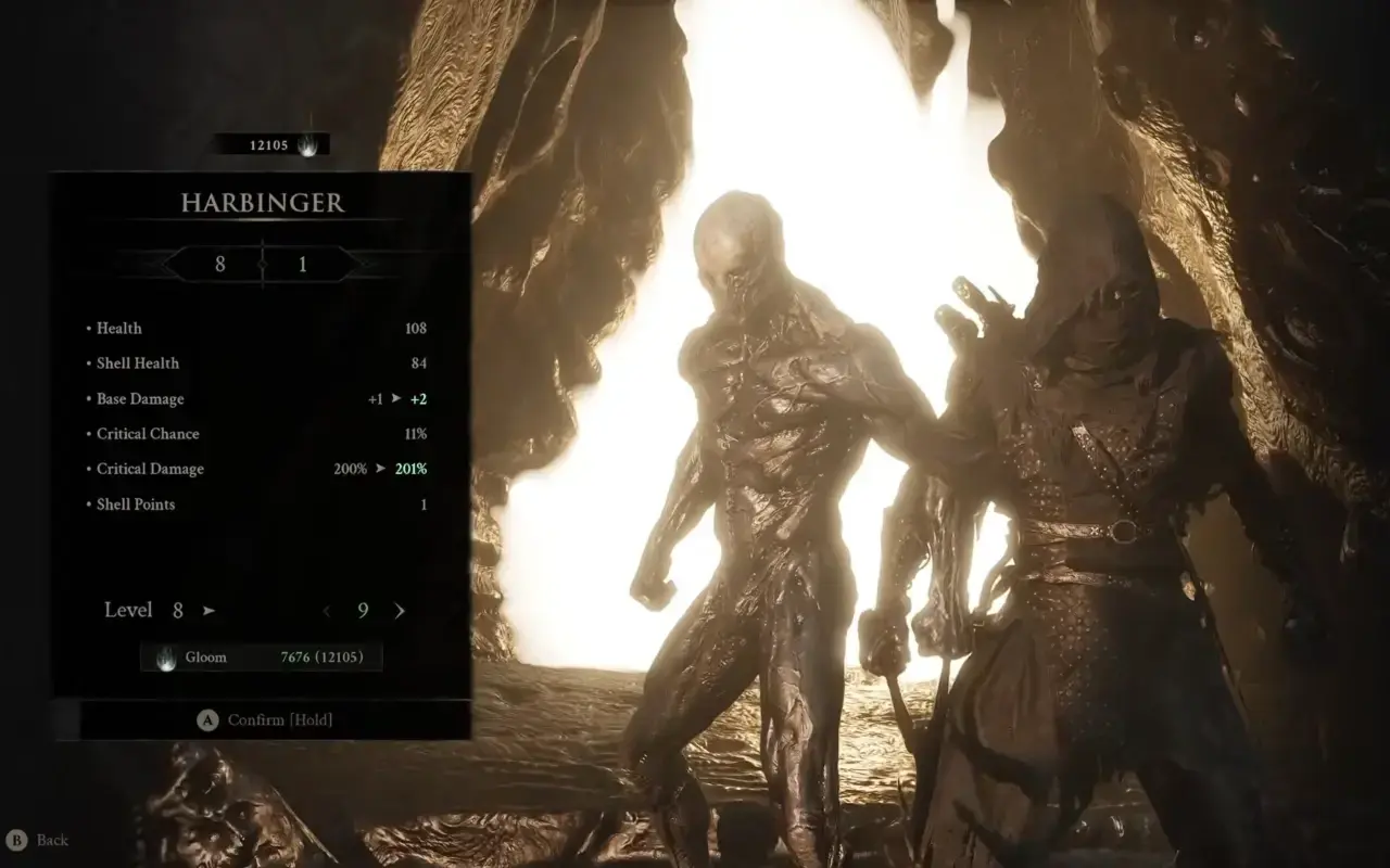 Mortal Shell 2 Harbinger menu to level up character.
