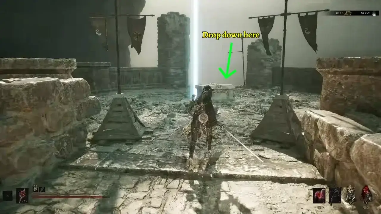 Drop down from this ledge to iron gate location