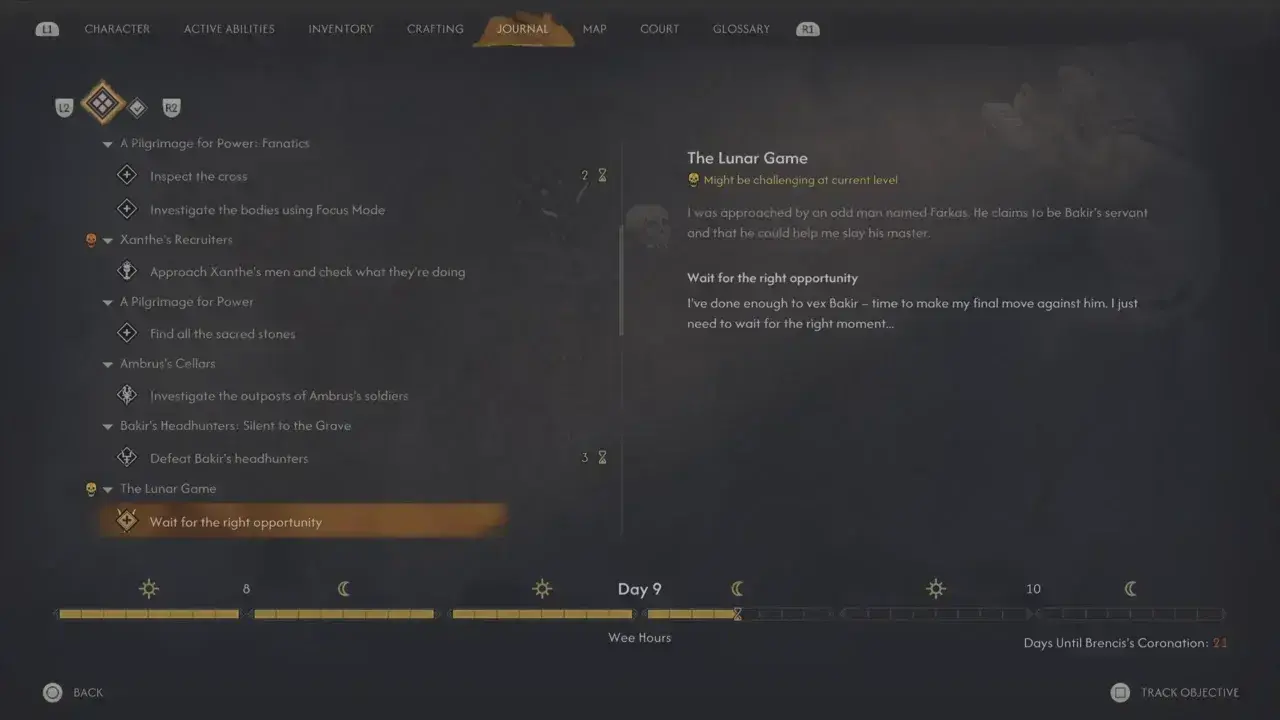 Blood of Dawnwalker - Quests in Journal menu with hourglass icon.