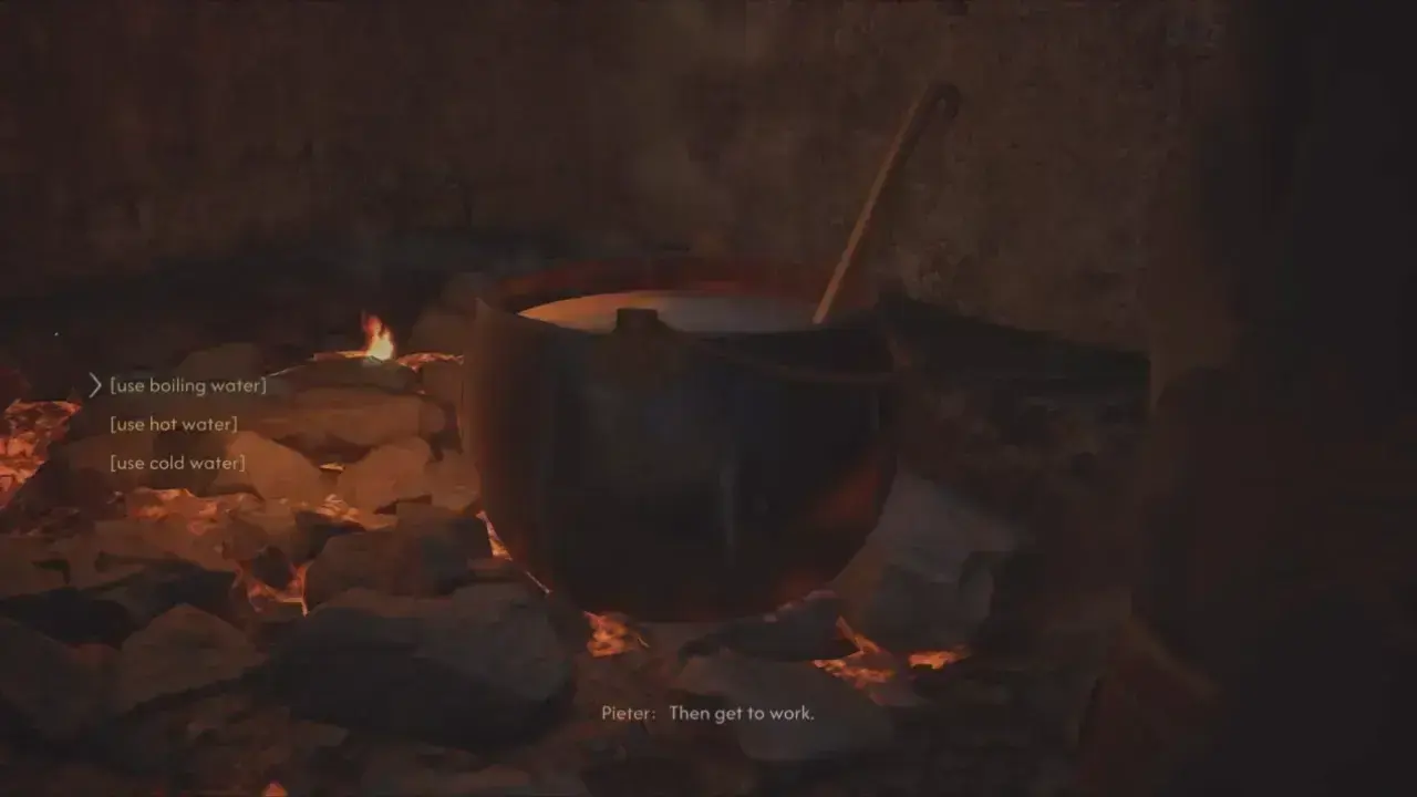 Workbench screen in The Blood of Dawnwalker showing options to choose hot water for Anca's recipe