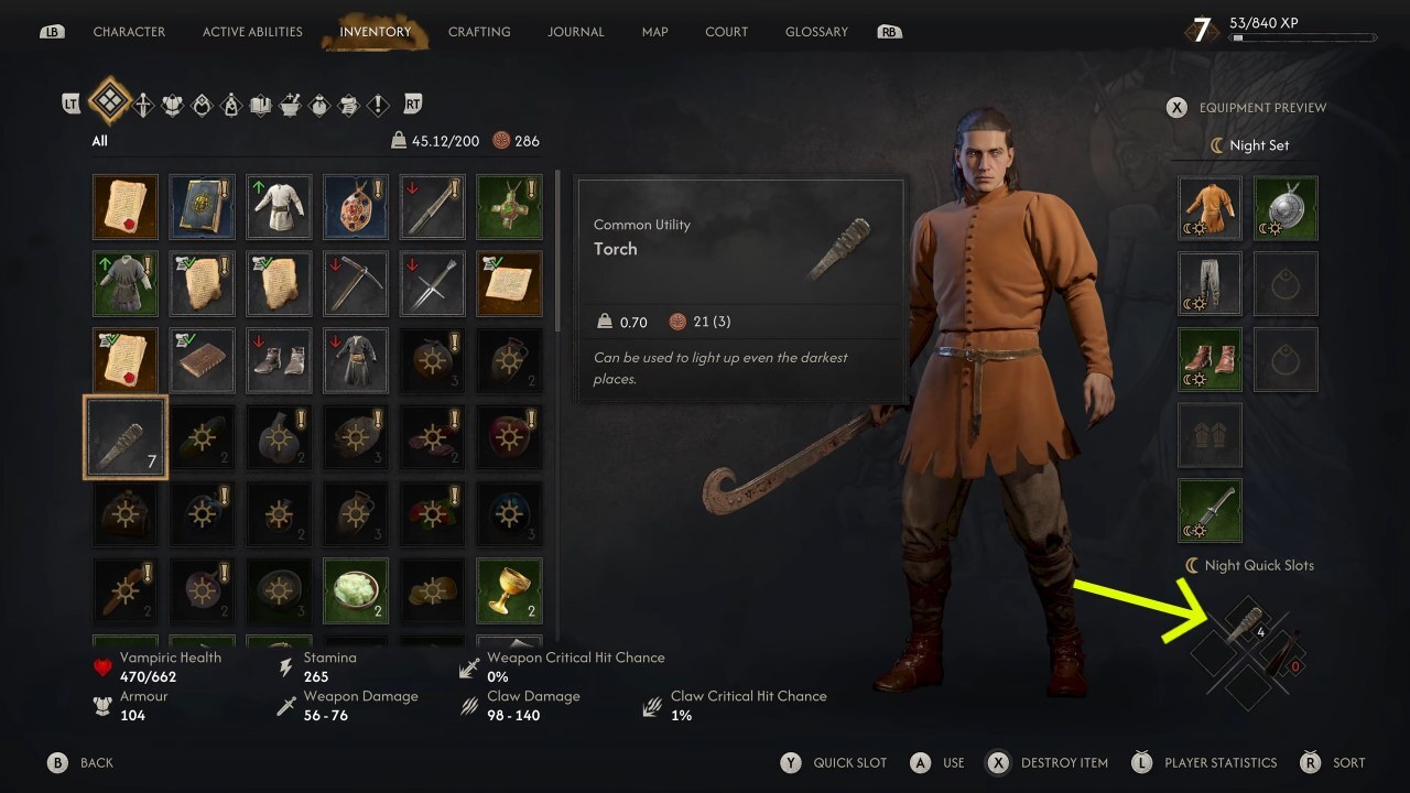 Consumables menu with torch equipped in quick slot in The Blood of Dawnwalker