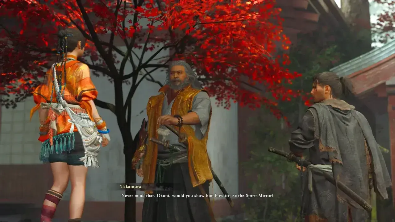 Onimusha Way Of The Sword The Ruckus at Rendaino - Musashi's conversation with Takamura and Okuni in the temple courtyard.