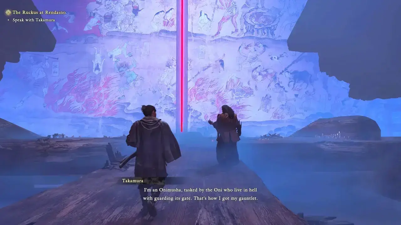 Onimusha Way Of The Sword The Ruckus at Rendaino - Takamura leading Musashi to Oni Gate barrier.