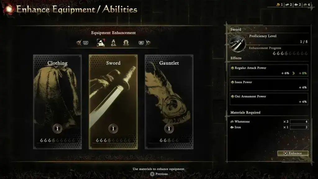 Onimusha Way of The Sword - Enhance Equipment/Abilities Menu screenshot