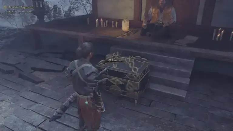 Musashi opening a gold Oni Armament chest in Onimusha Way of the Sword