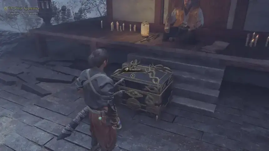 Musashi opening a gold Oni Armament chest in Onimusha Way of the Sword