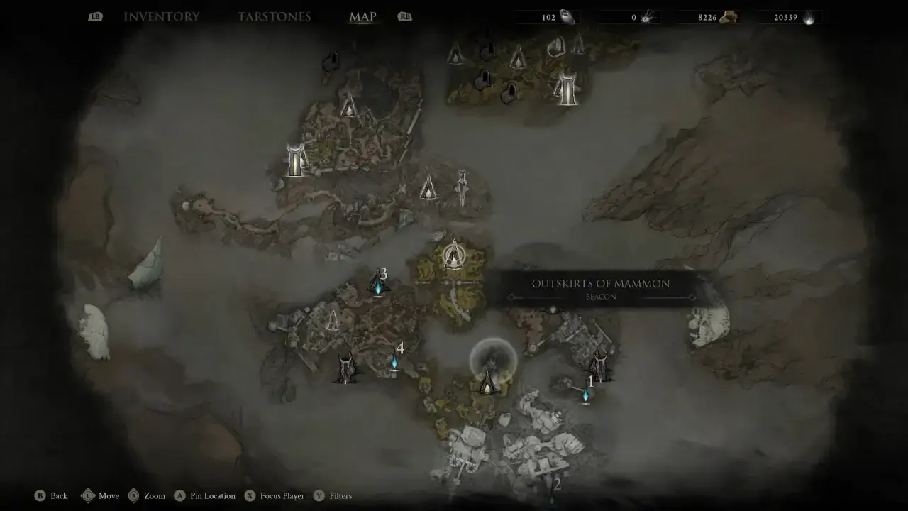 Mortal Shell 2 map showing Outskirts of Mammon Beacon location.