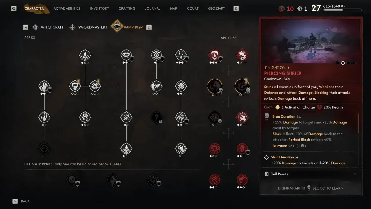 The Blood of Dawnwalker Piercing Shriek Vampirism Ability