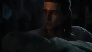 Screenshot of Coen carrying a baby in The Blood of Dawnwalker.