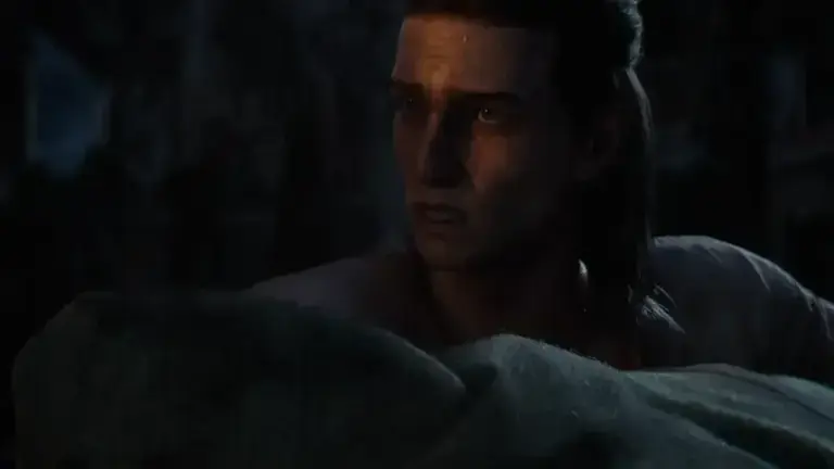 Screenshot of Coen carrying a baby in The Blood of Dawnwalker.
