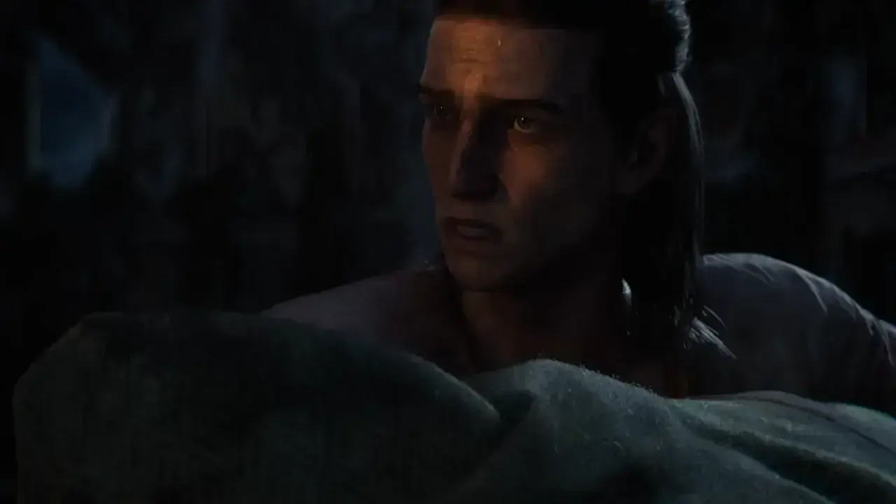 Screenshot of Coen carrying a baby in The Blood of Dawnwalker.