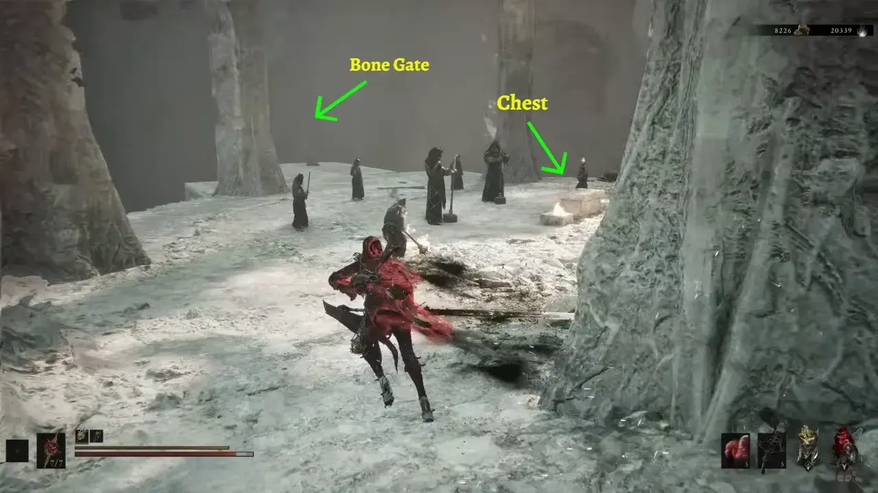 Bone Gate toward Fogetten Tower and chest locations pointed with arrows and labels.