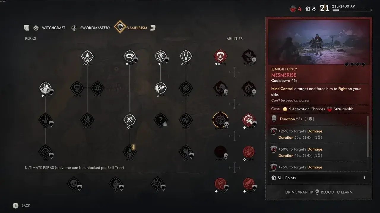 The Blood of Dawnwalker Mesmerise skill in Vampirism tree