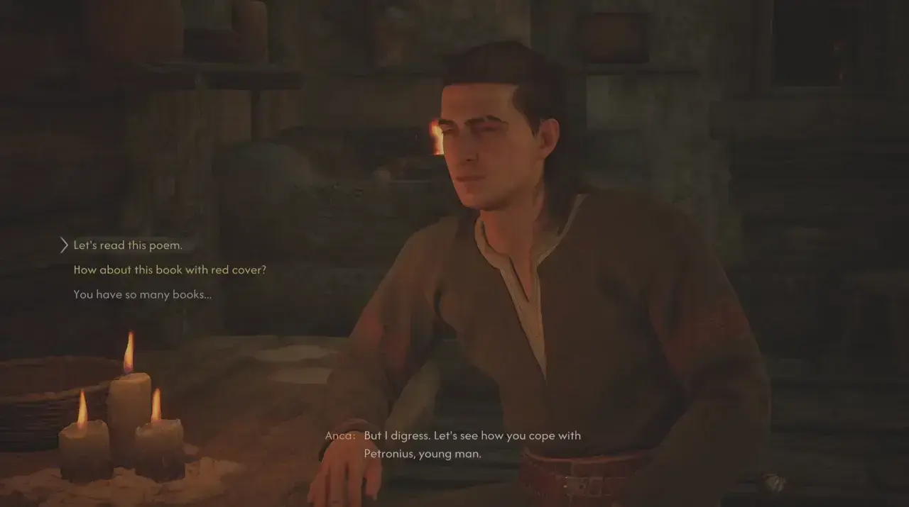 Dialogue options to choose a book.